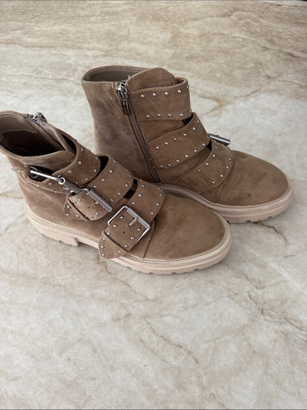 Steven by Steve Madden Tan Suede Studded Buckle Moto Boots